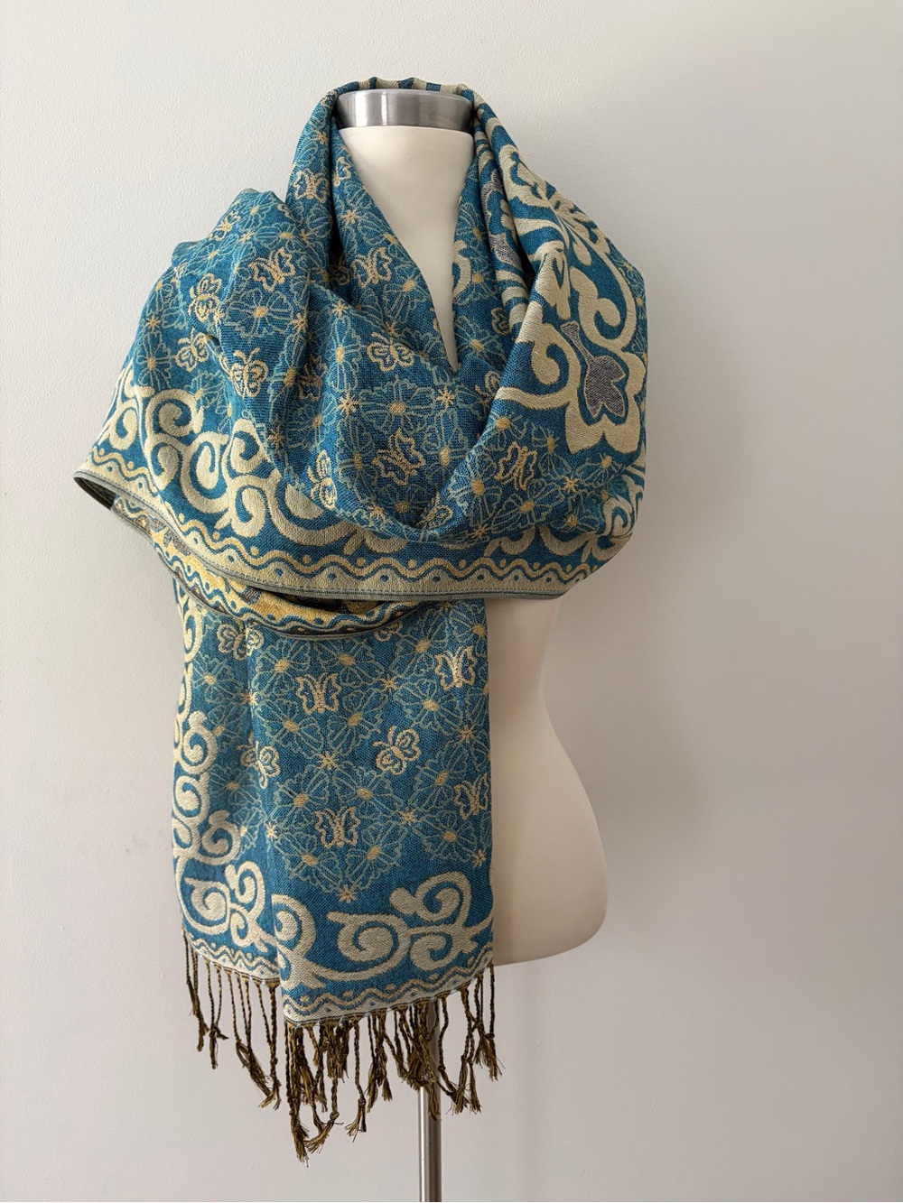 Pashmina Teal Gold Floral Butterfly Jacquard Fringe Scarf 68X27